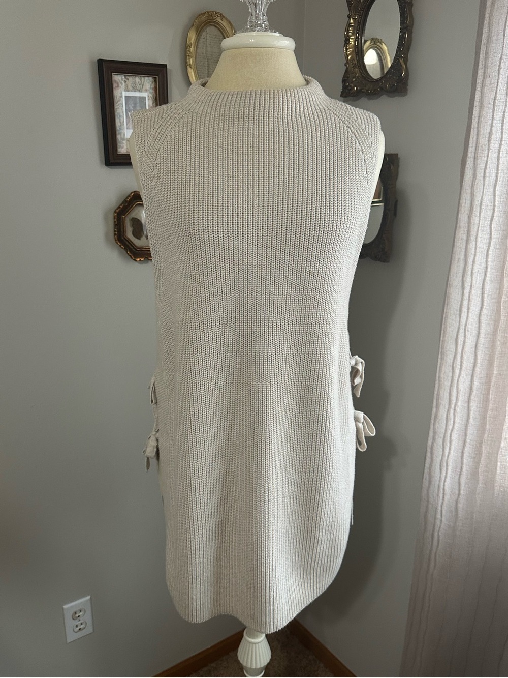 Talbots Cream Knit Sleeveless Side-Tie Sweater Vest